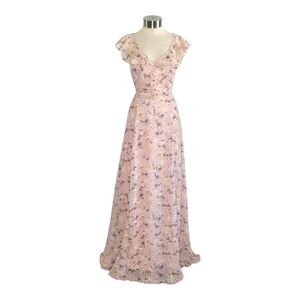 NEW Fate Pink Floral Chiffon Maxi Dress Women's Size S Back Tie Ruffle Sleeve